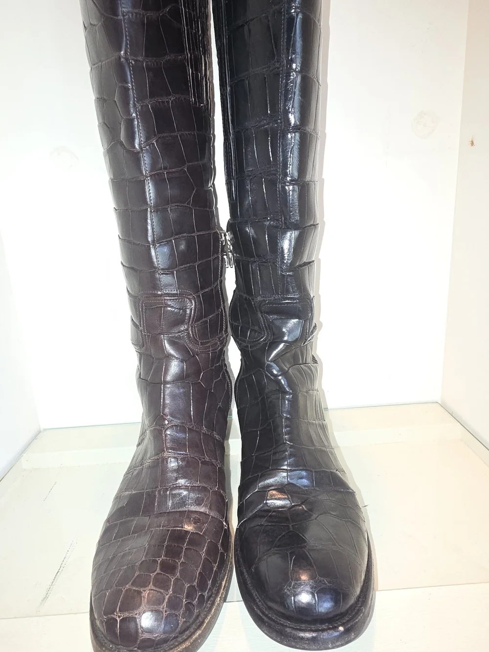 Women’s Brown/Black Leather Crocodile-Embossed Knee-High Riding Boot